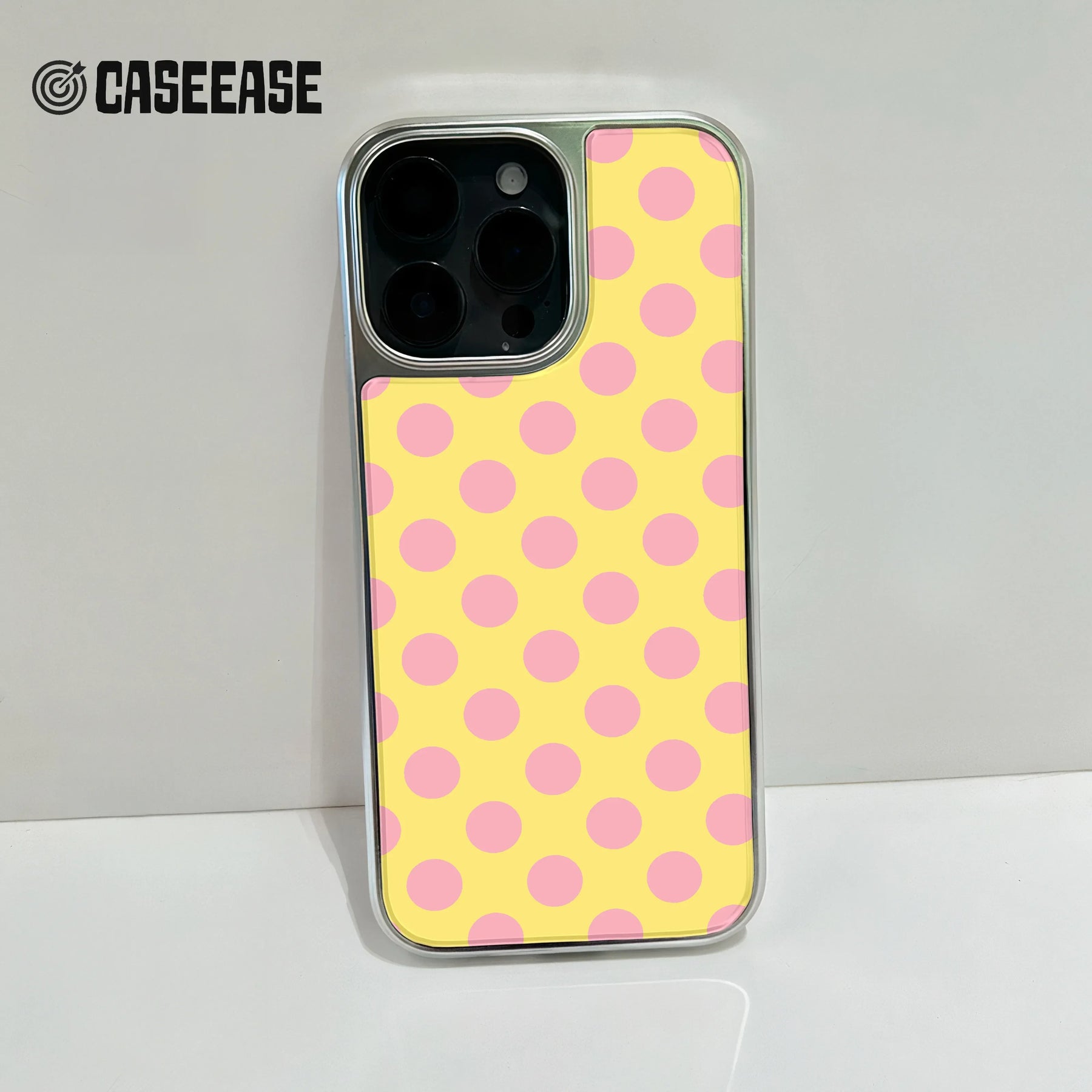 Holographic Chrome Polka Dot Phone Case - Bright Yellow with Pink Dots