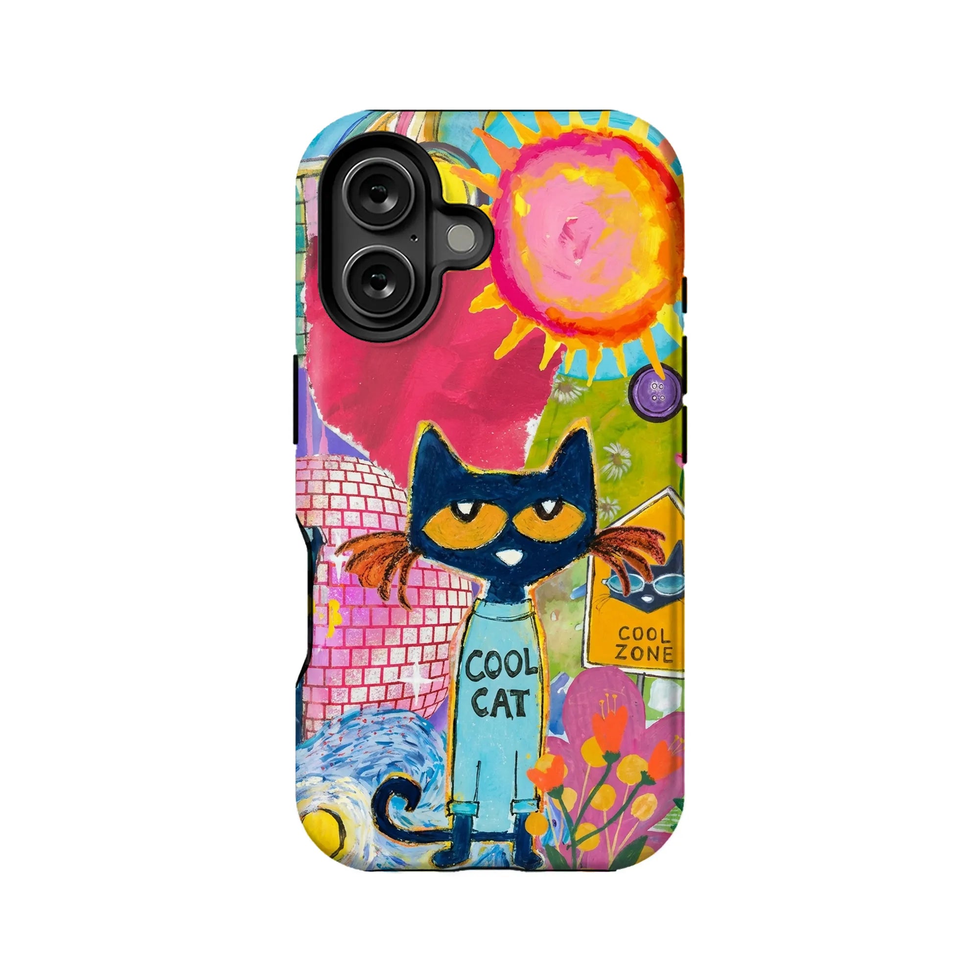 Colorful illustrated Cool Cat phone case with sun design, rear product angle