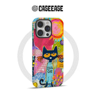 Colorful illustrated cool cat phone case, rear view with camera cutout