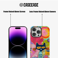Colorful CASEEASE cat phone case front and back showing raised screen and camera frames