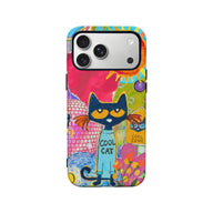 Colorful illustrated Cool Cat phone case, rear view with camera cutout and flowers