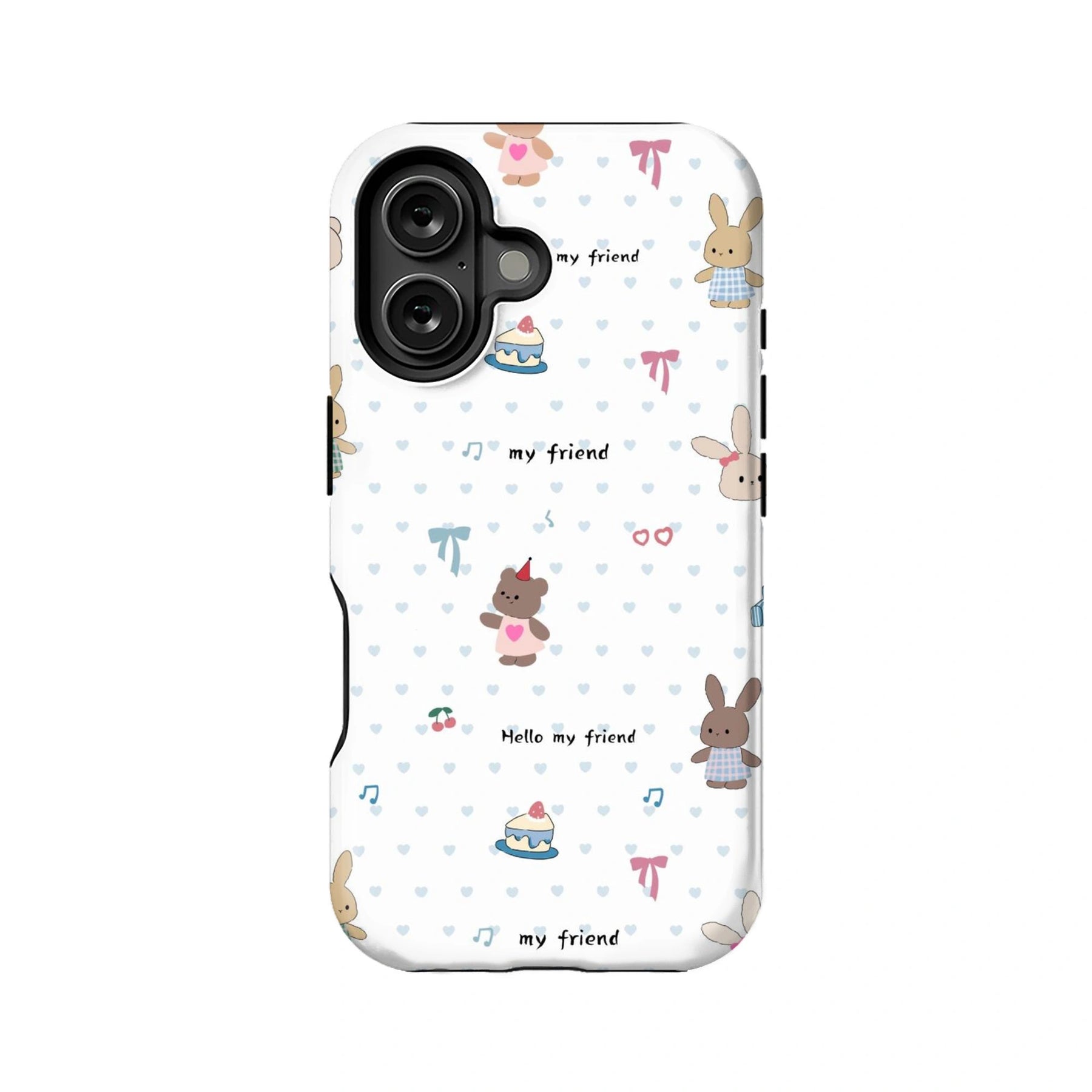 Bonita funda para teléfono con diseño de conejito y oso: "Hola, amigo"