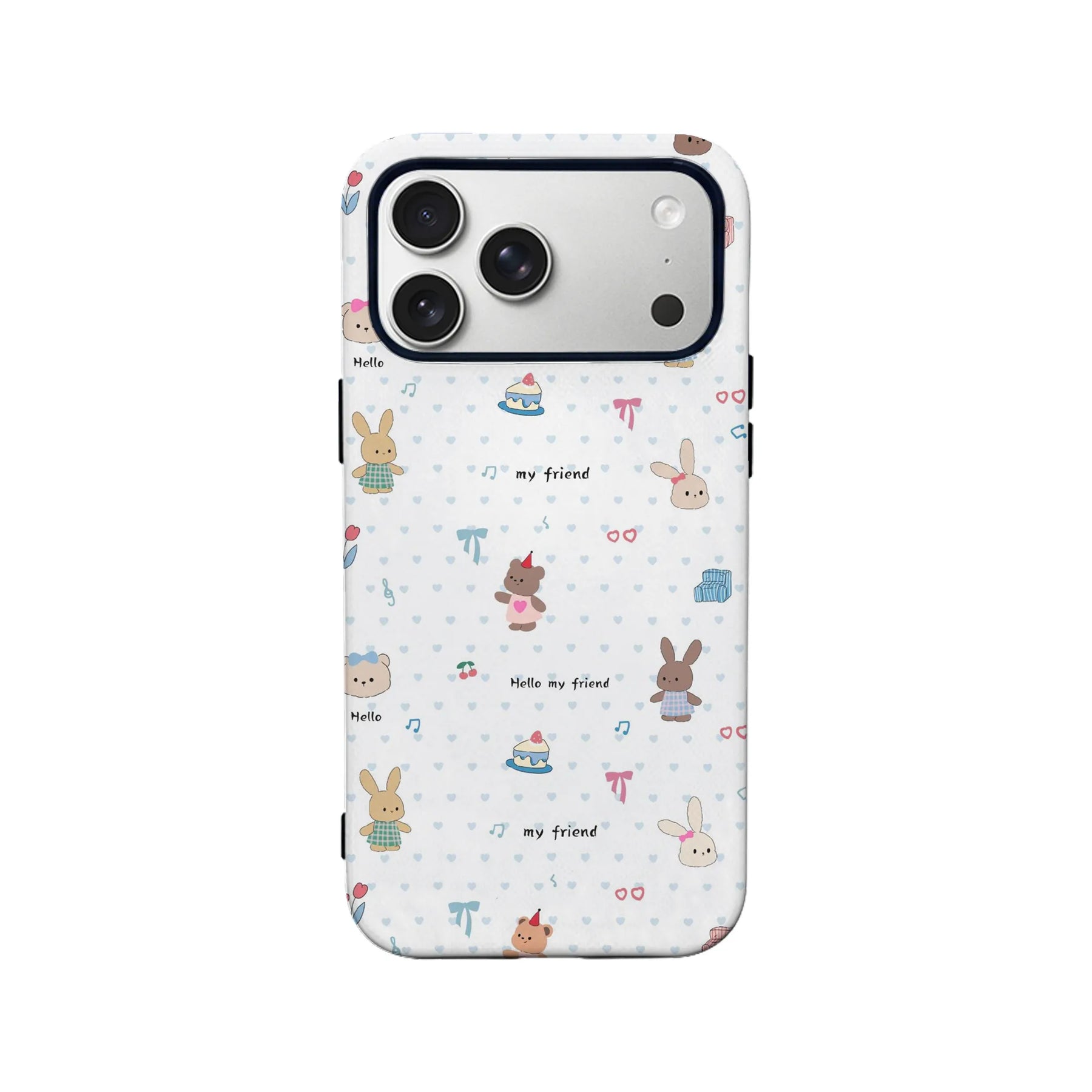 Bonita funda para teléfono con diseño de conejito y oso: "Hola, amigo"