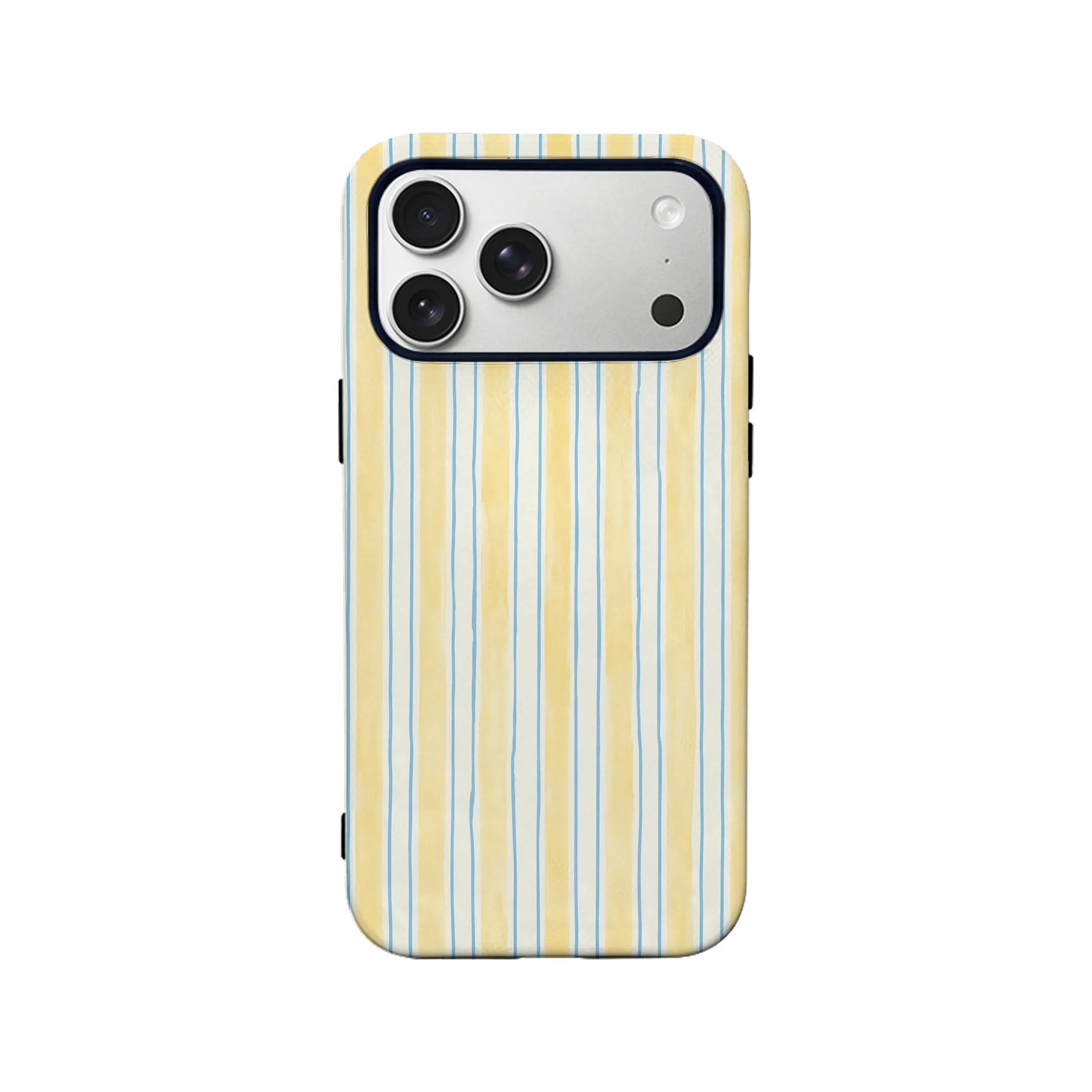 Yellow and blue striped phone case back view with camera cutout