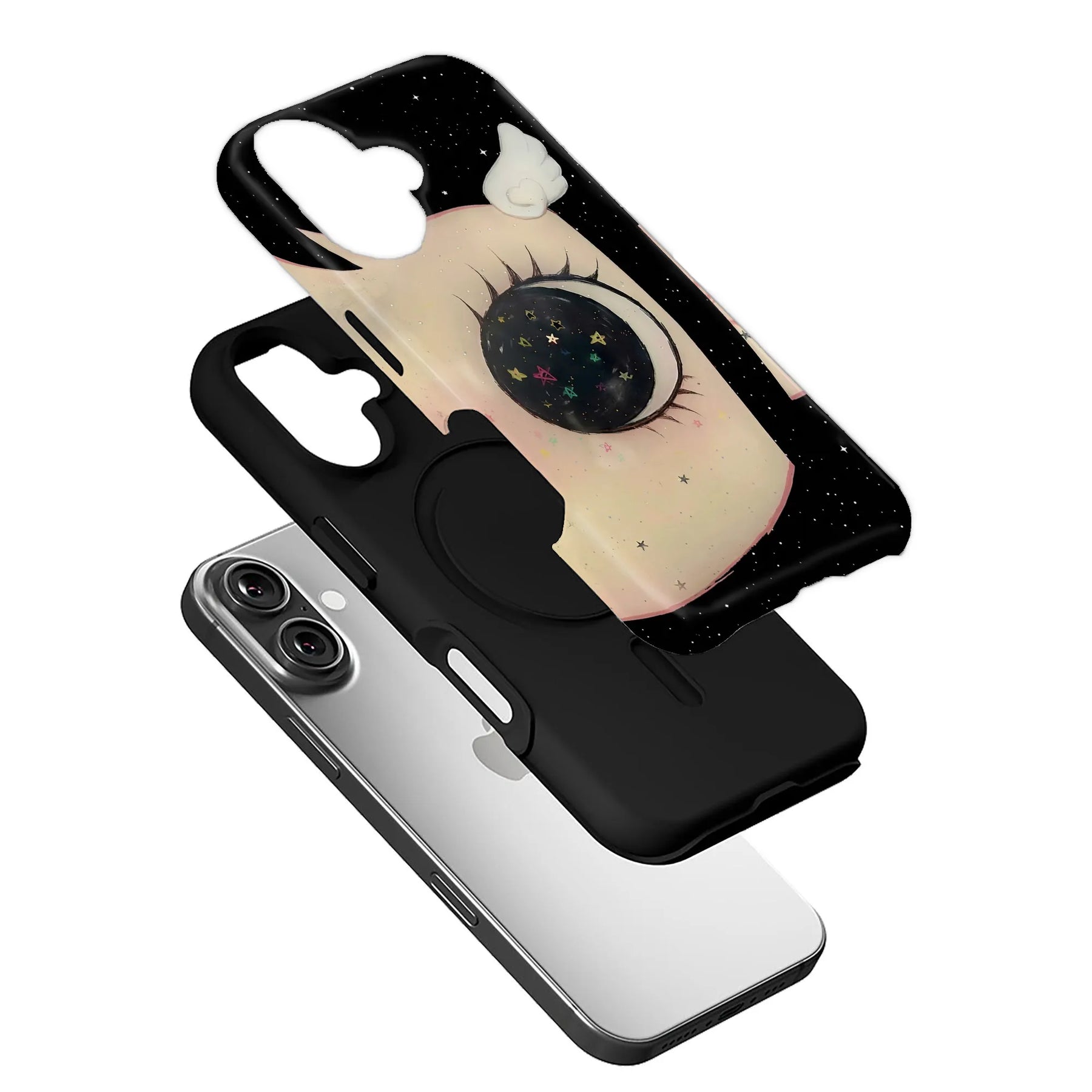 Black phone case with beige cosmic eye design shown angled above smartphone