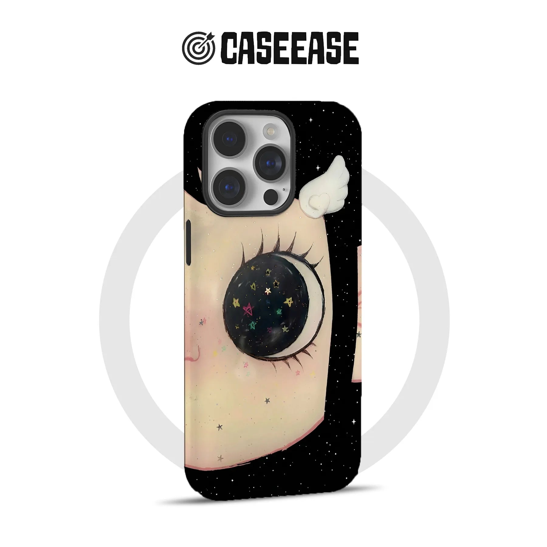 Black CASEEASE phone case with pastel moon eye design, rear angle product display