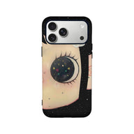 Black and cream illustrated phone case with cosmic eye design, rear product view