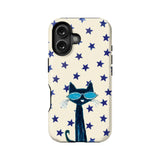 Cream plastic phone case with blue stars and sunglass cat design, rear angle