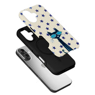 Cream and black phone case with blue stars and cat wearing sunglasses, angled exploded display