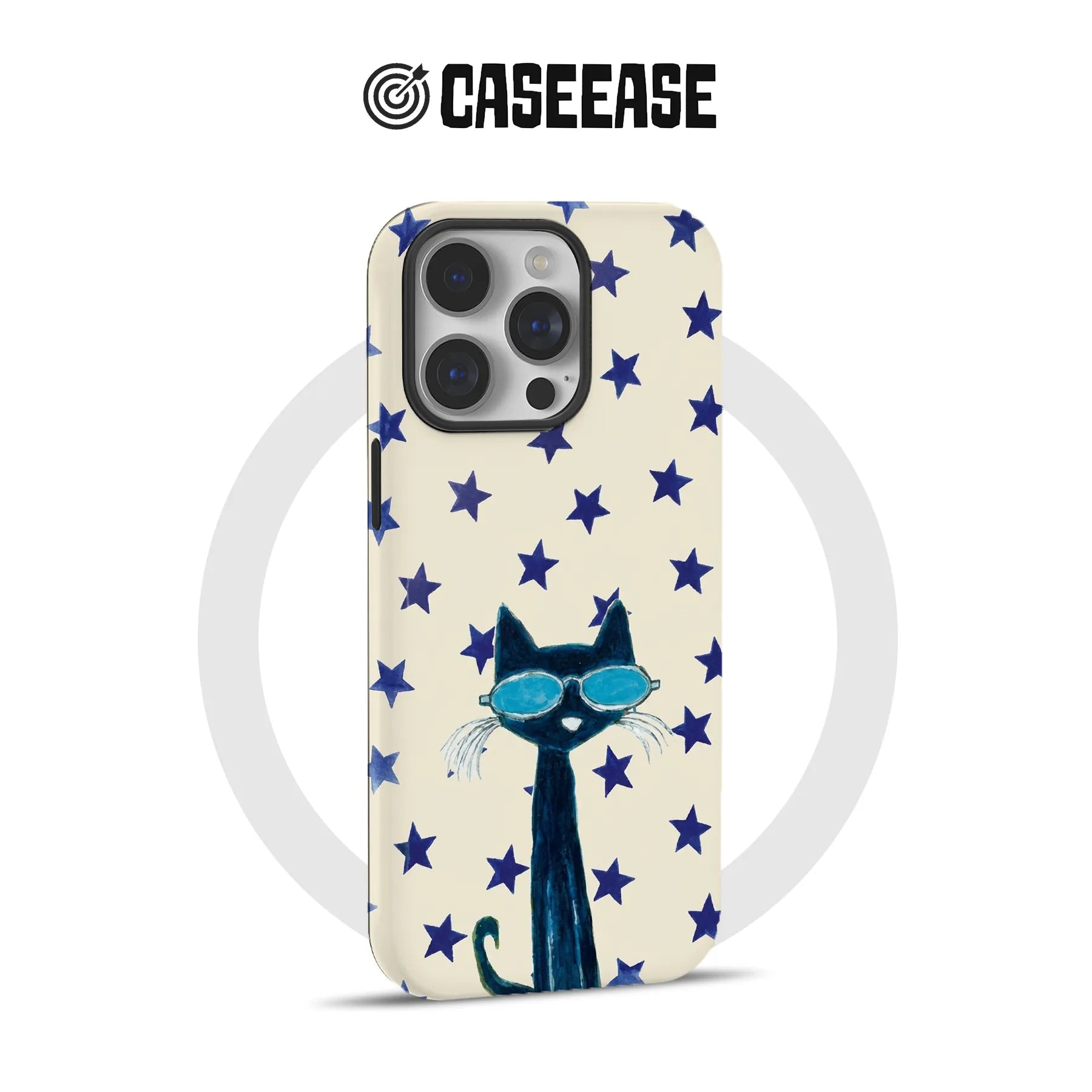 Cream phone case with blue stars and cat wearing sunglasses, rear product angle