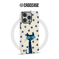 Cream phone case with blue stars and cat wearing sunglasses, rear product angle