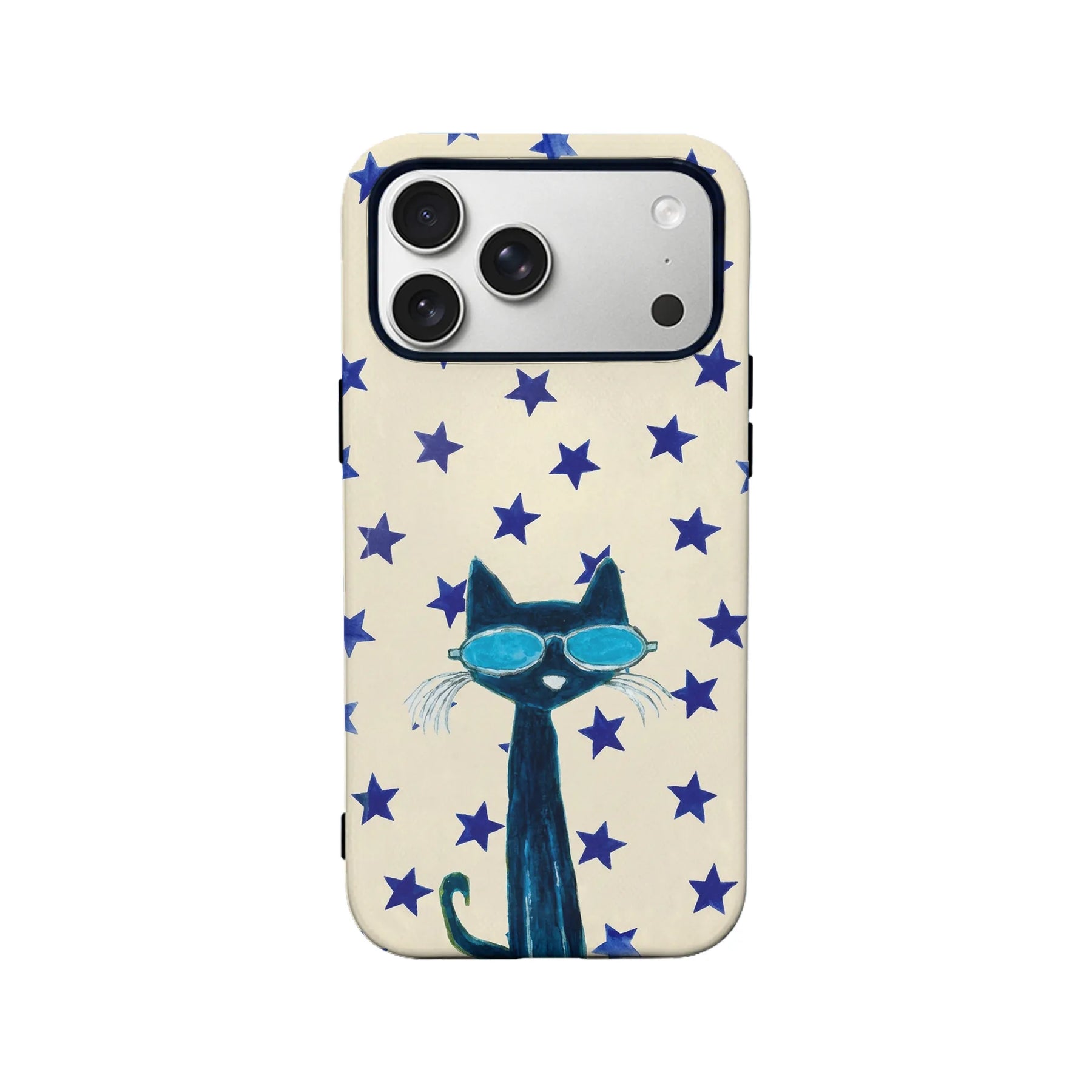 Cream phone case with blue stars and sunglass cat design, rear product view