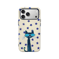 Cream phone case with blue stars and sunglass cat design, rear product view