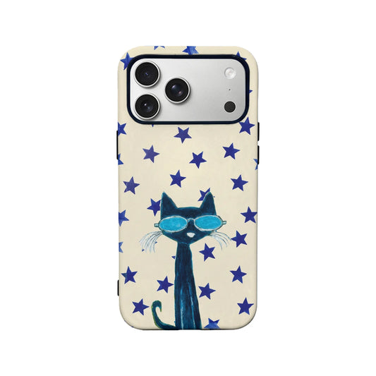 Cream phone case with blue stars and sunglass cat design, rear product view