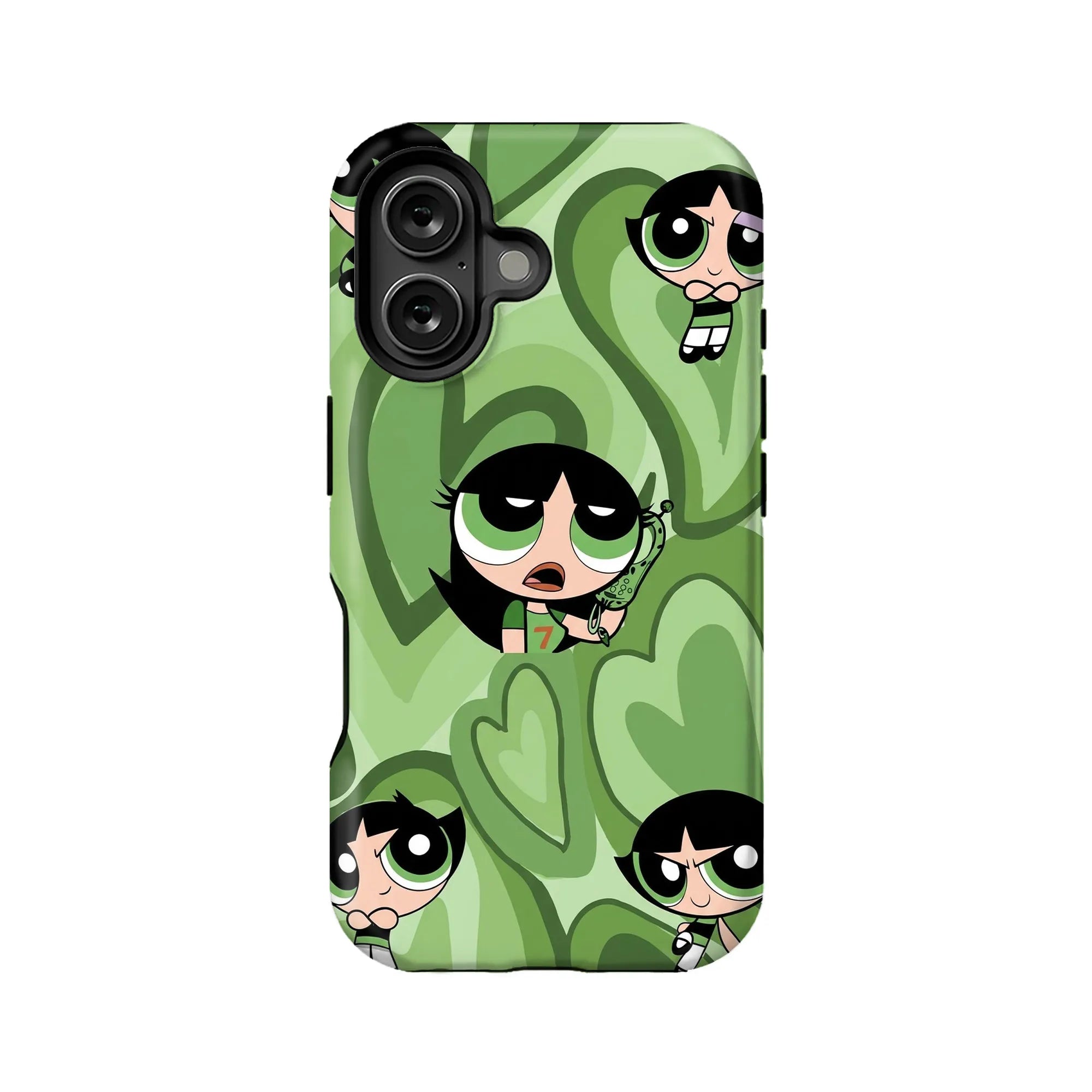 Green cartoon girl phone case with heart pattern, rear angle for smartphone accessory