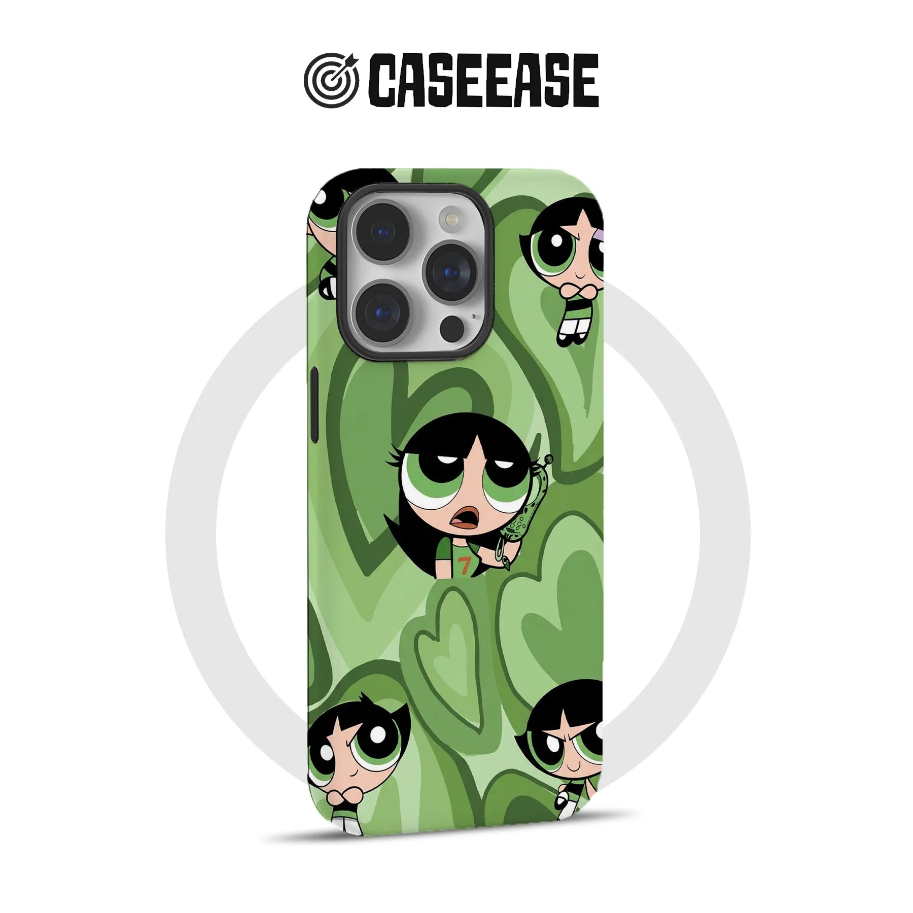 Green cartoon character patterned phone case shown from rear angle for CASEEASE store