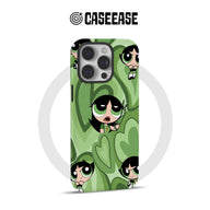 Green cartoon character patterned phone case shown from rear angle for CASEEASE store