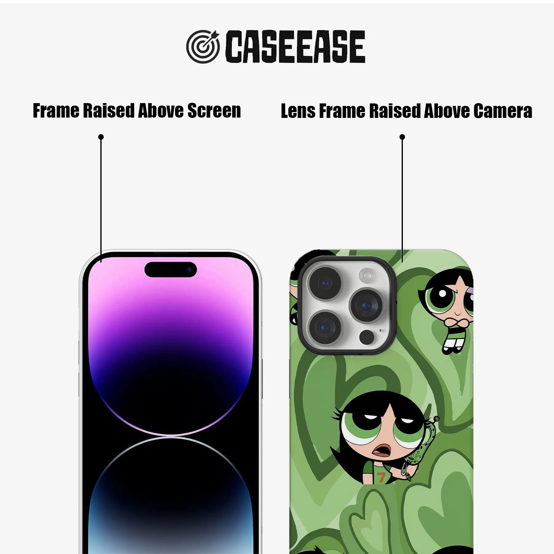 Green cartoon phone case front and back angles showing raised screen and camera frames