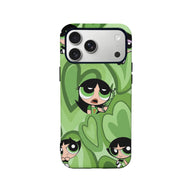 Green cartoon girl pattern phone case, rear view with camera cutout for product listing