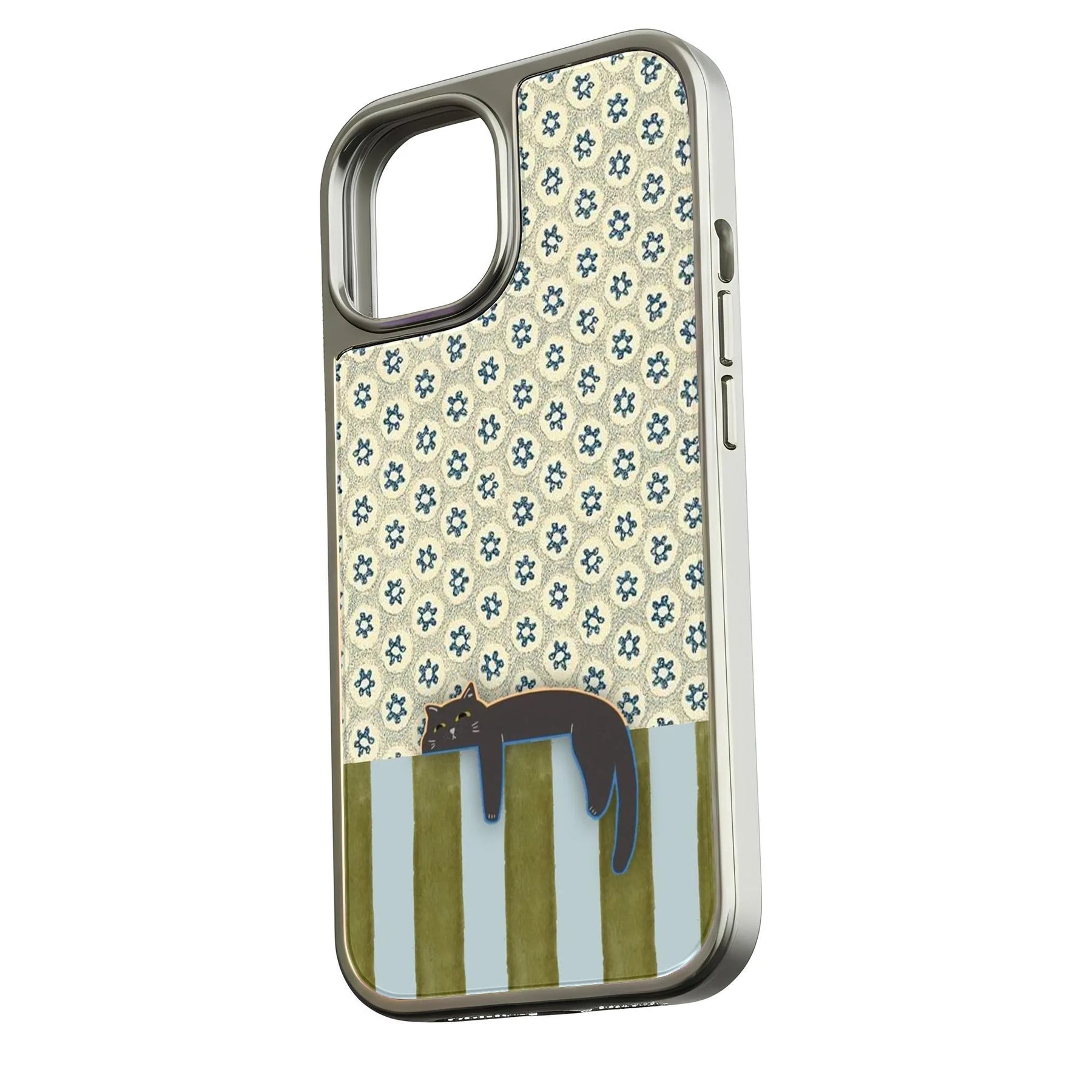 Holographic Chrome Cat Phone Case - Vintage Floral Design