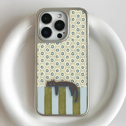 Holographic Chrome Cat Phone Case - Vintage Floral Design