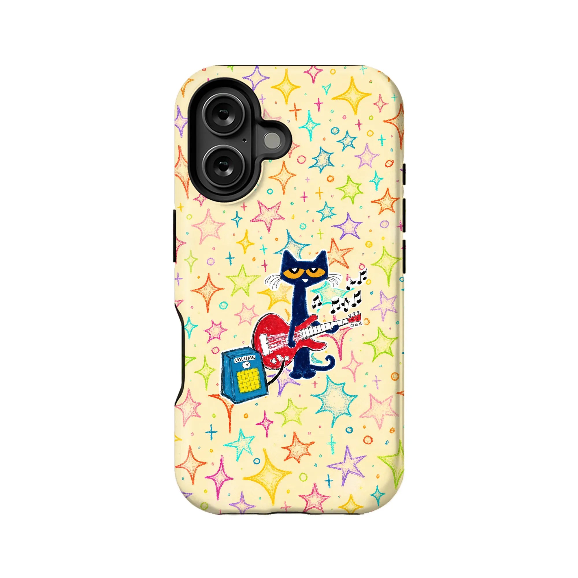Cream phone case with colorful stars and guitar cat design, rear product angle