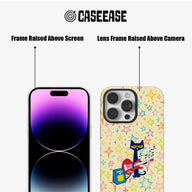 Cream CASEEASE phone case with colorful stars, cat guitar design, front and rear angle