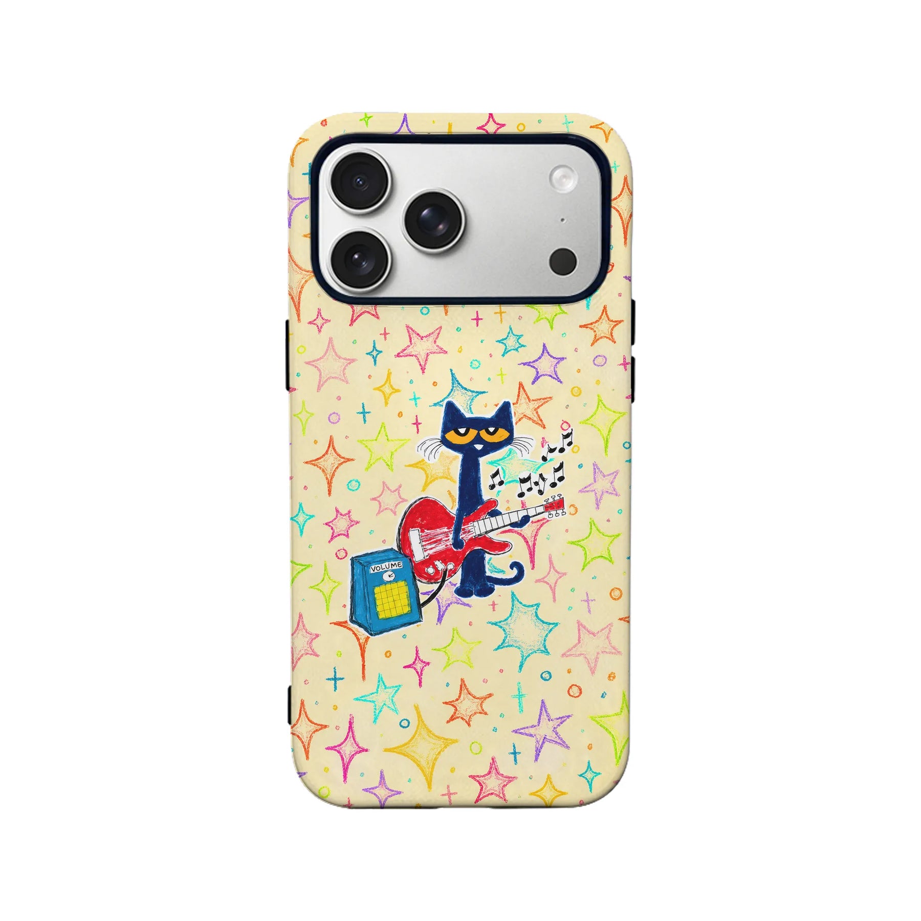 Beige phone case back view with colorful stars and guitar-playing black cat design