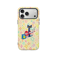 Beige phone case back view with colorful stars and guitar-playing black cat design