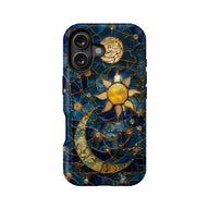 Blue celestial phone case with gold sun and moon design, rear product view