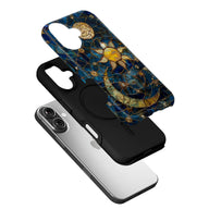 Blue and gold celestial plastic phone case shown angled above black inner shell