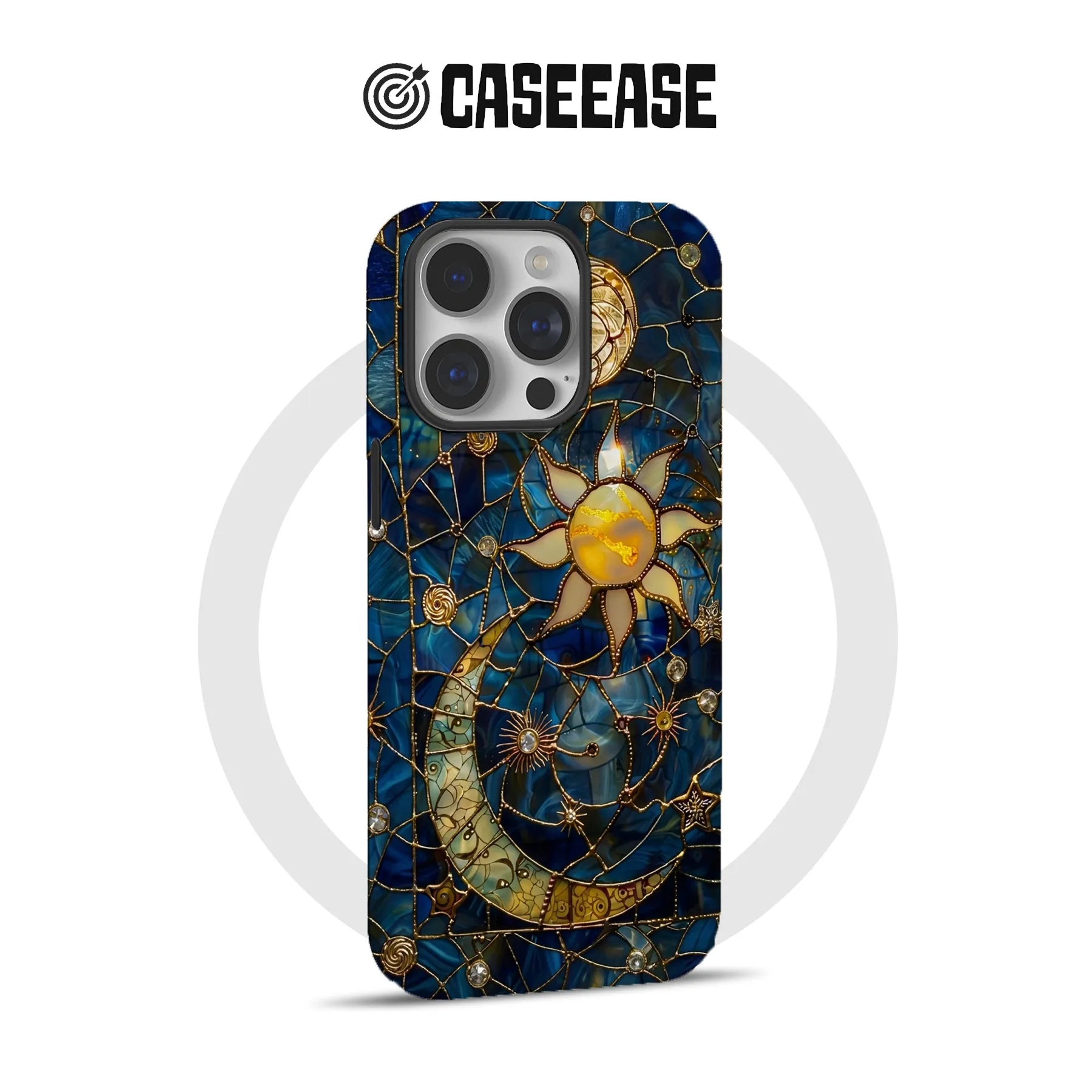Blue and gold celestial stained glass phone case shown from rear for CASEEASE