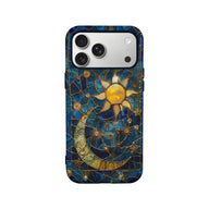 Blue celestial phone case with gold sun and moon design, rear product view