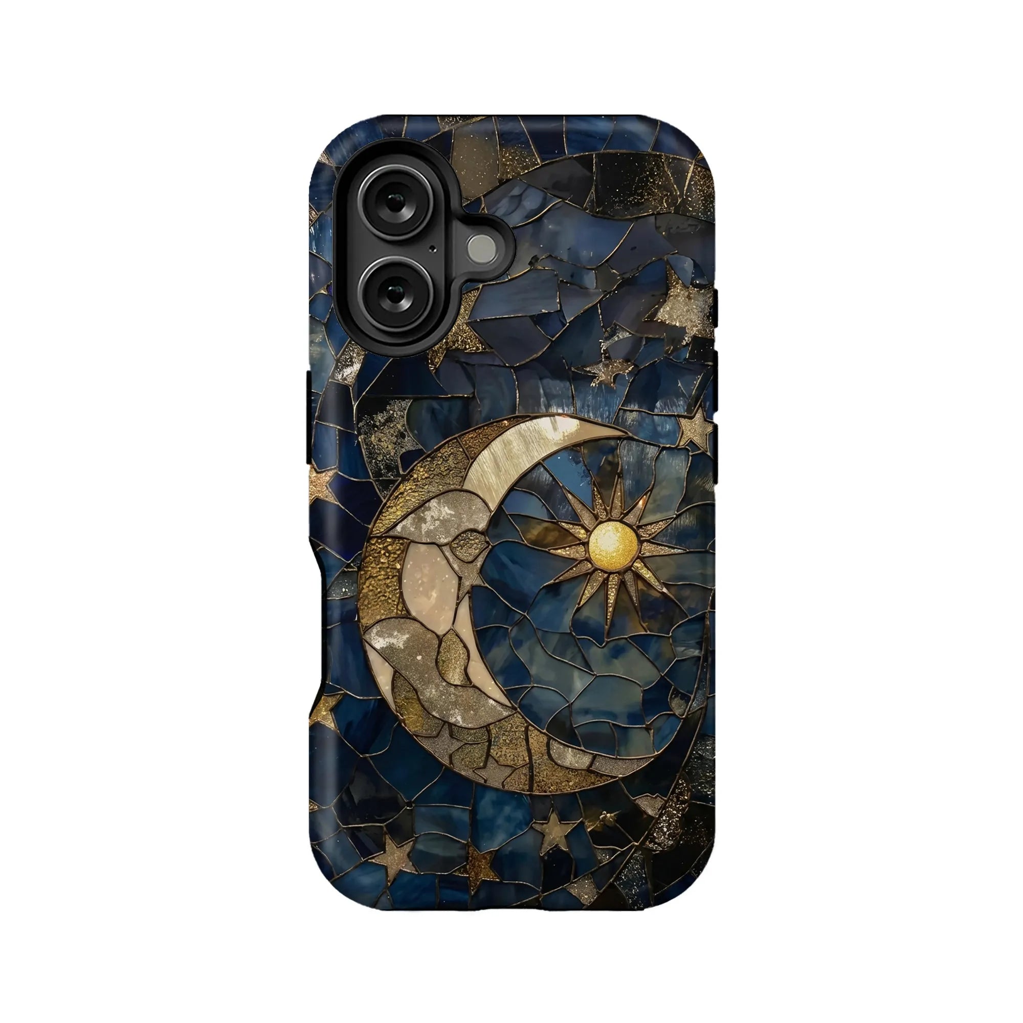 Blue and gold celestial mosaic phone case, rear view with moon and sun design