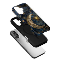 Blue and gold celestial mosaic phone case shown angled above black base on smartphone