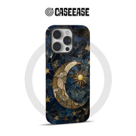 Dark blue celestial mosaic phone case with gold moon and stars, rear angle
