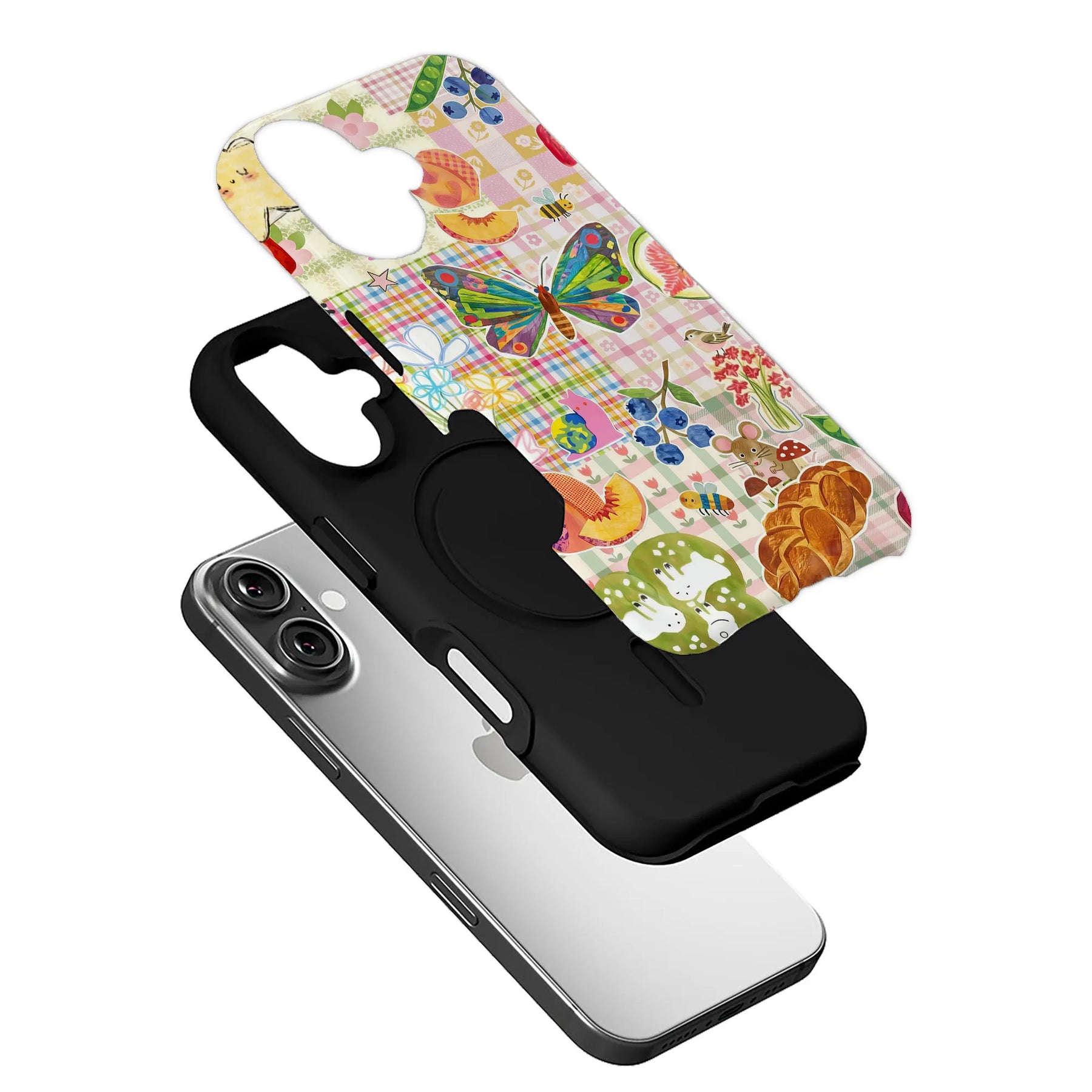 Colorful butterfly and fruit patterned phone case shown exploded over black iPhone cover