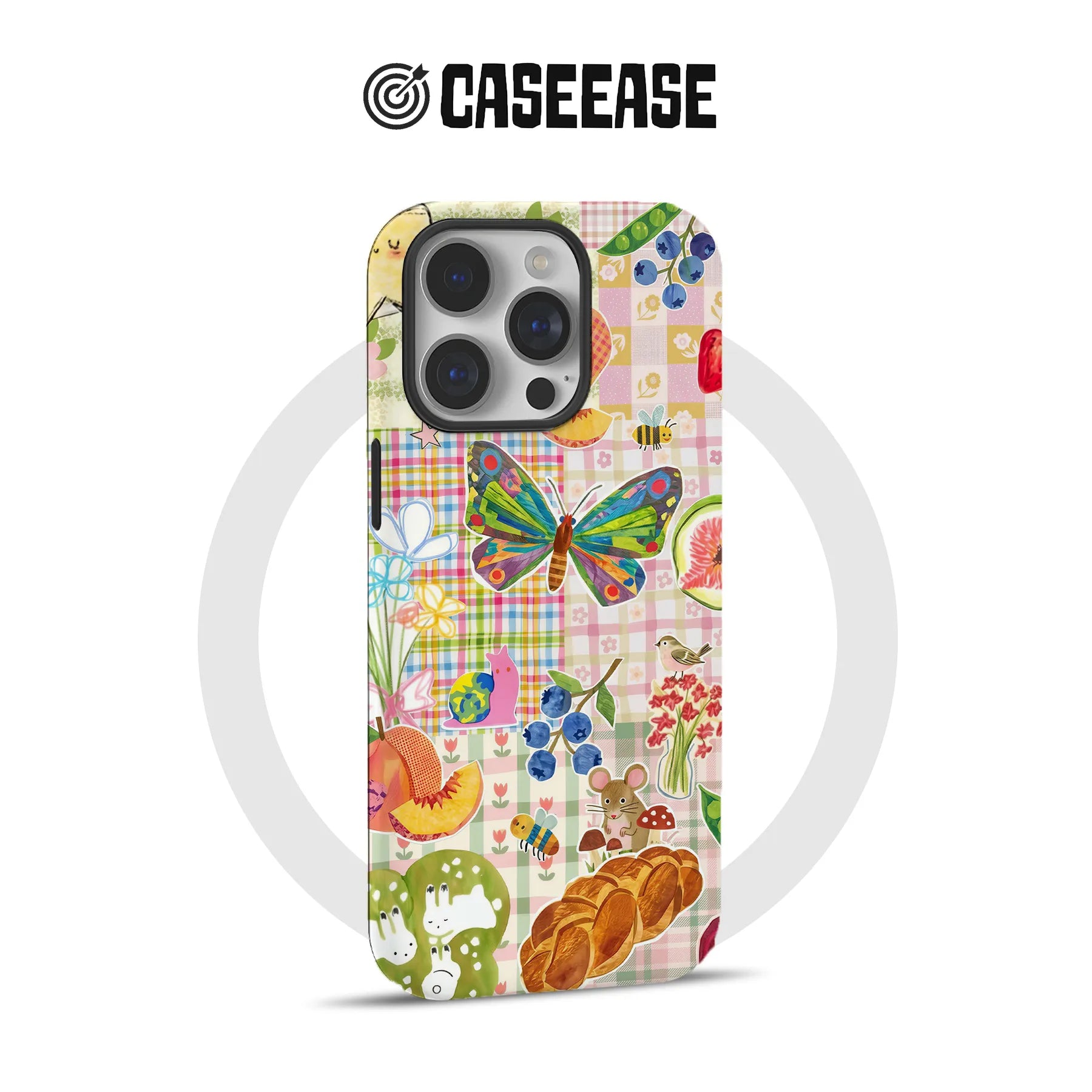 Colorful patchwork butterfly and garden print phone case, rear product view