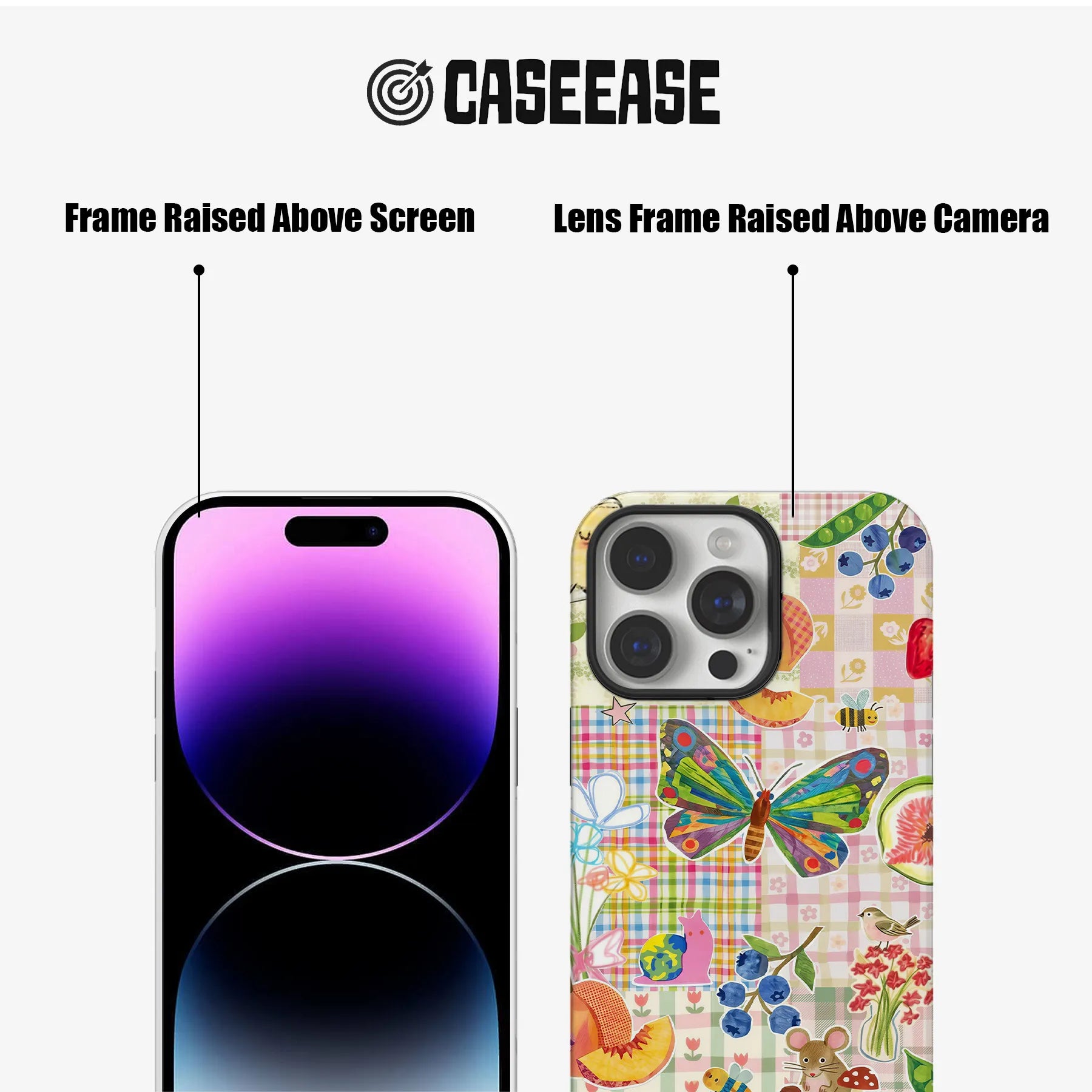 Colorful patchwork phone case front and rear close-up showing raised screen and camera frames