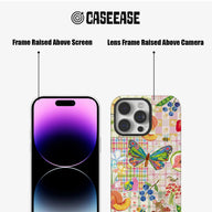 Colorful patchwork phone case front and rear close-up showing raised screen and camera frames
