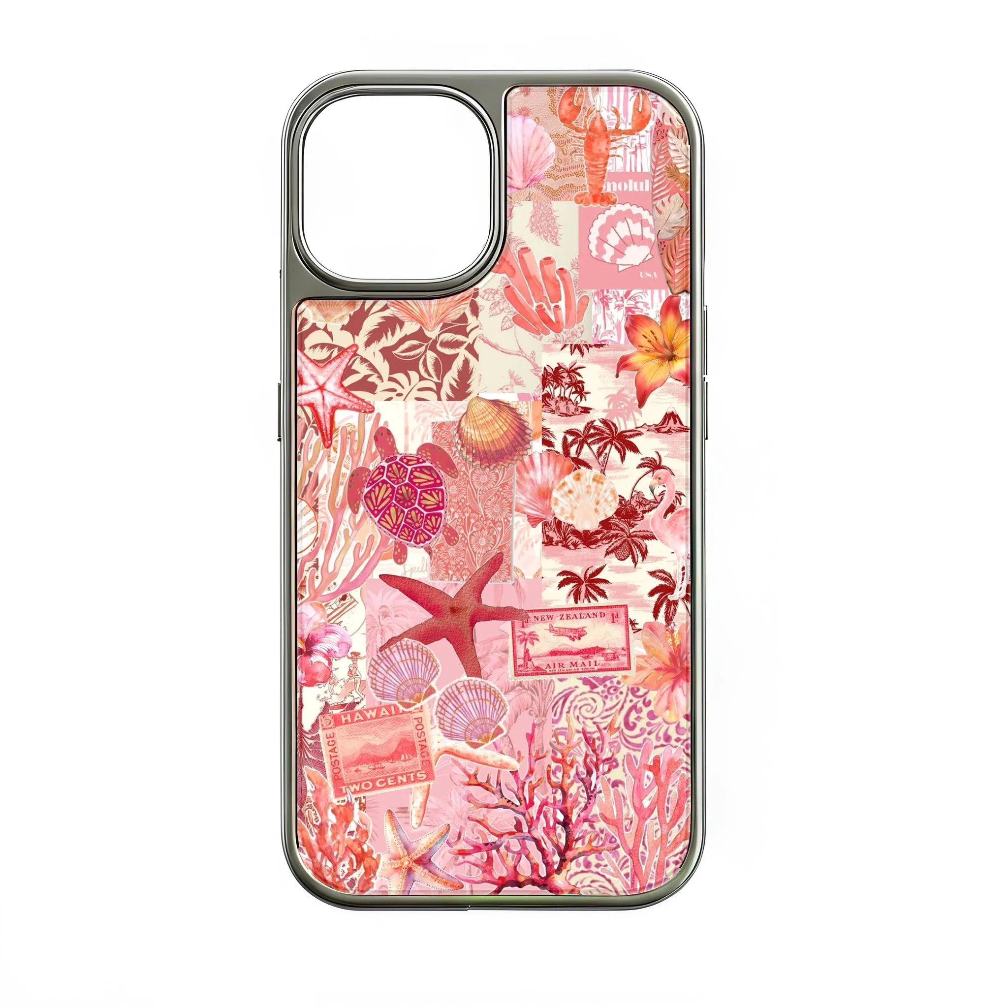 Silver phone case back with pink tropical sea collage and large camera cutout