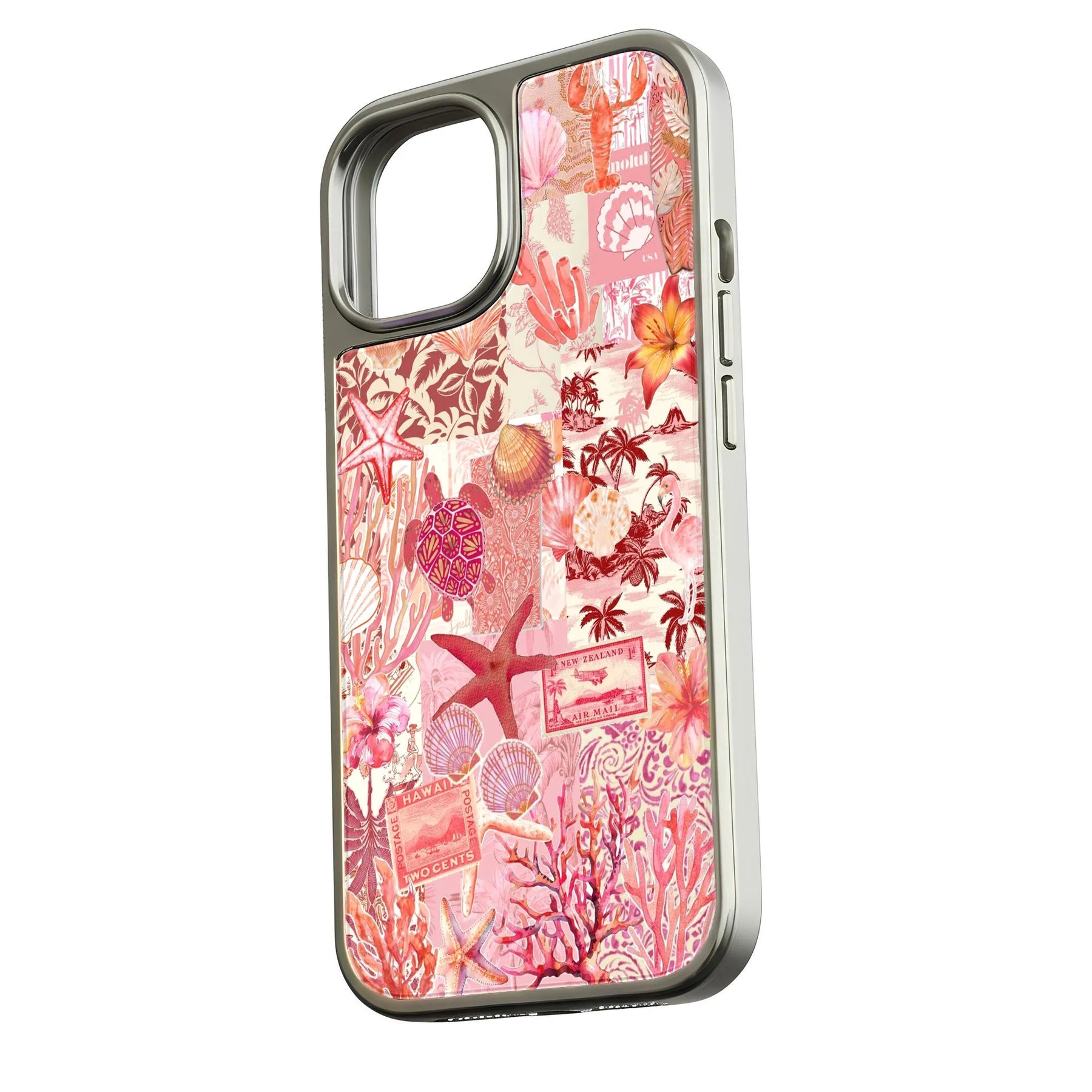 Silver phone case with pink tropical collage, shown angled from the back