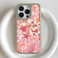 Silver phone case with pink tropical sea life collage, rear close-up product angle