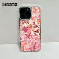Silver phone case with pink ocean collage design shown from rear close-up