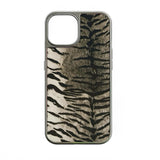 Silver phone case with black and gray tiger stripe design, rear product angle