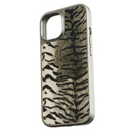 Silver phone case with black and beige tiger print, angled back product view