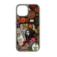 Silver phone case shown from back with dark Halloween horror collage design