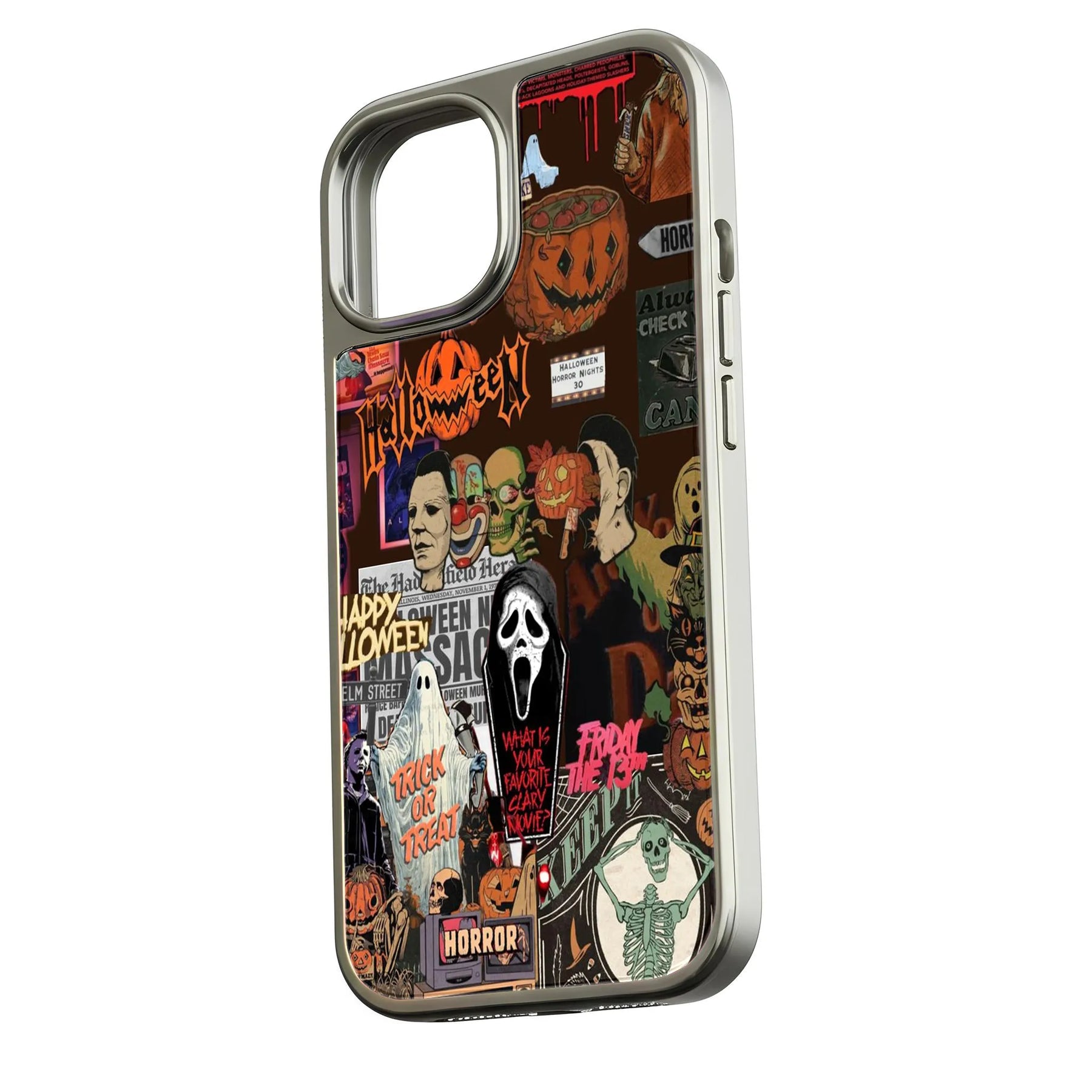 Silver phone case with colorful Halloween horror collage, angled rear product display