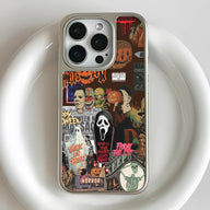 Silver iPhone case with colorful Halloween horror collage, close-up rear product angle