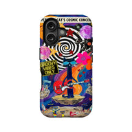 Colorful cosmic concert cat phone case, back angle with black camera cutout